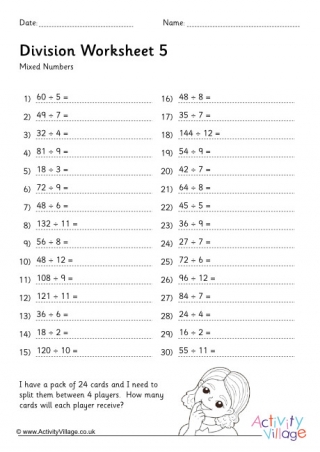 Division Drill Worksheet Stage 5