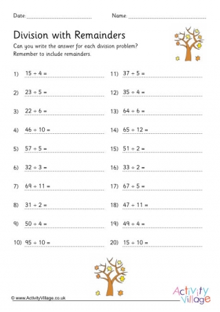 Division with Remainders Drill Worksheet