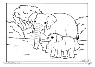 Elephant and baby colouring page
