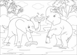 Elephants Scene Colouring Page