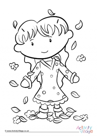  Falling Leaves Girl Colouring Page