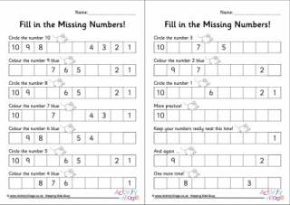 Fill in the Missing Numbers 10 to 1