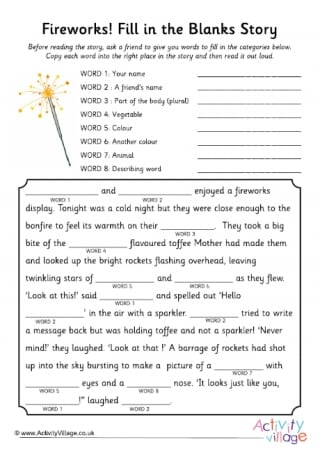 Fireworks fill in the blanks story