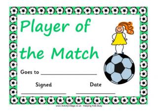 Football Certificate - Player of the Match - Girl