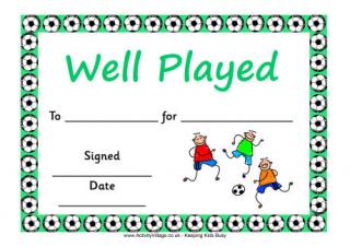 Football Certificate - Well Played