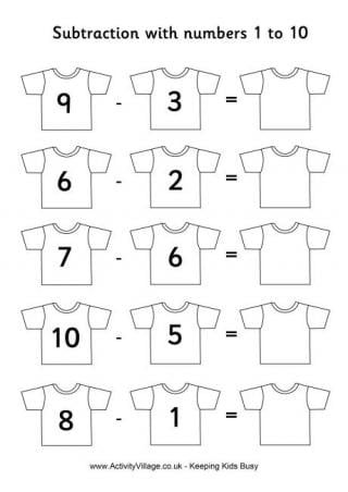 Football Shirts Subtraction 1 to 10