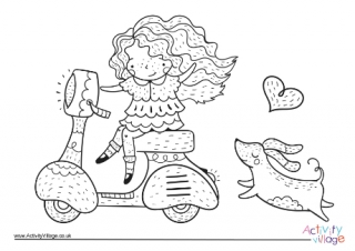 Girl on Scooter Colouring Page