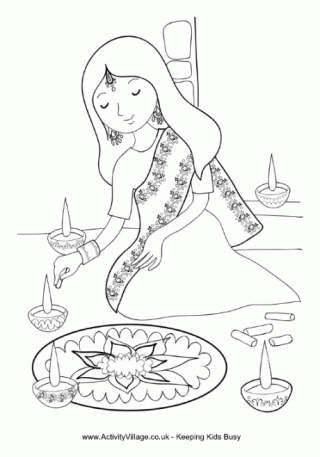 Girl Painting Rangoli Colouring Page