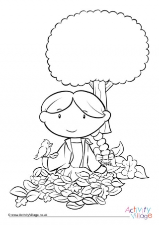 Girl Playing In Autumn Leaves Colouring Page