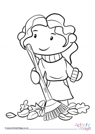 Girl Raking The Leaves Colouring Page