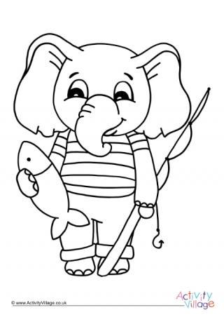 Gone Fishing Elephant  Colouring Page 1