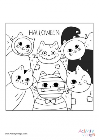 Halloween cat friends colouring page