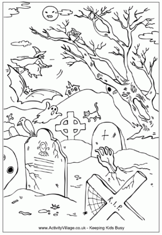 Halloween Graveyard Colouring Page