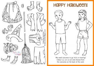 Halloween Paper Dolls Colouring Card