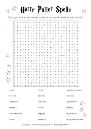 Harry Potter Spells Word Search