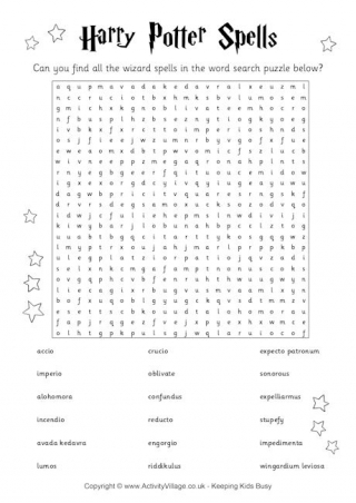 Harry Potter Spells Word Search