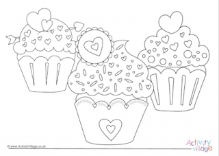 Heart Cupcakes Colouring Page