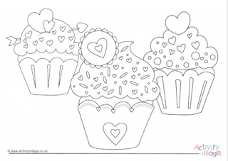 Heart Cupcakes Colouring Page