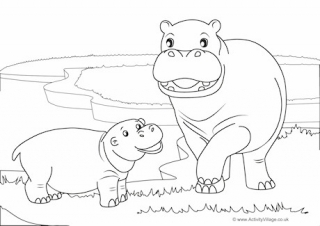 Hippos Scene Colouring Page