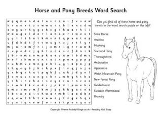 Horse and Pony Breeds Word Search
