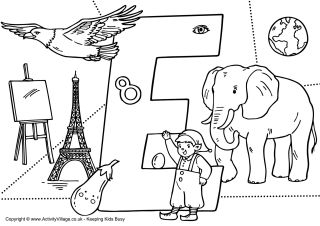 I Spy Alphabet Colouring Page E