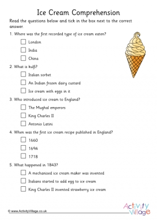 Ice Cream Comprehension Multiple Choice 