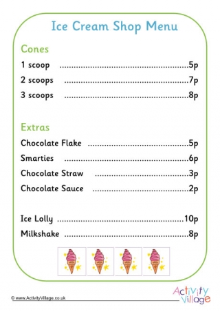 Ice Cream Shop Menu Worksheet Set 1