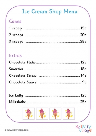 Ice Cream Shop Menu Worksheet Set 2
