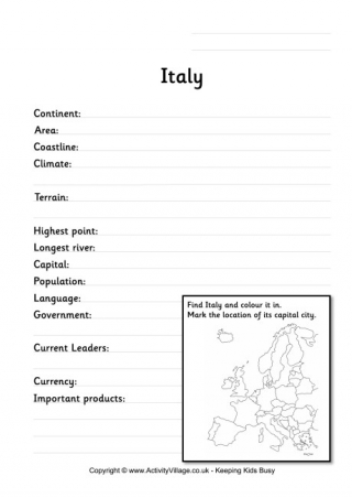 Italy Fact Worksheet