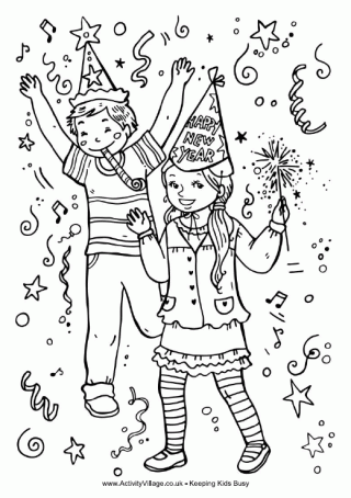 Kids Celebrate New Year Colouring Page