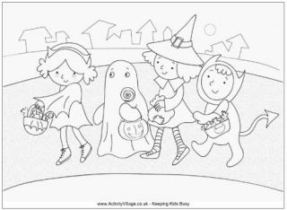 Kids Trick or Treating Colouring Page