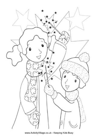 Kids with Sparklers Colouring Page