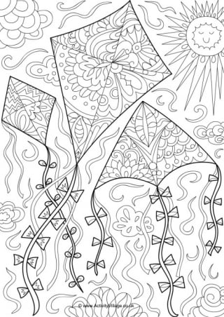 Kites Doodle Colouring Page