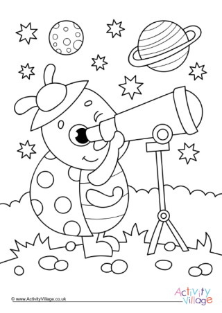 Ladybird looking at space colouring page