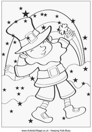 Leprechaun and rainbow colouring page