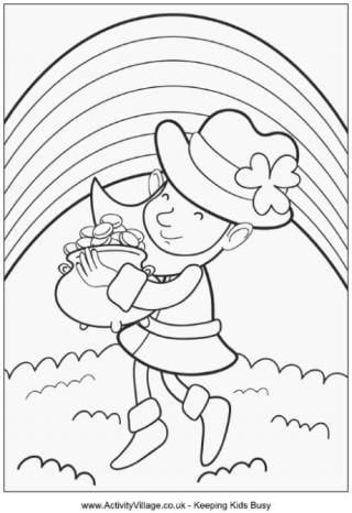 Leprechaun with pot of gold colouring page