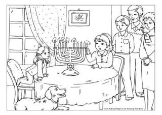 Lighting the Menorah Colouring Page