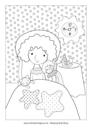 Little Girl in Bed Sick Colouring Page