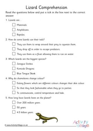 Lizards Comprehension Multiple Choice