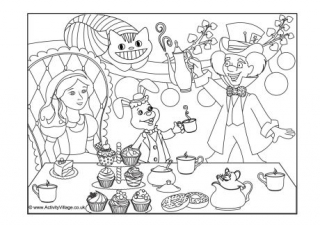 Mad Hatters Tea Party Colouring Page