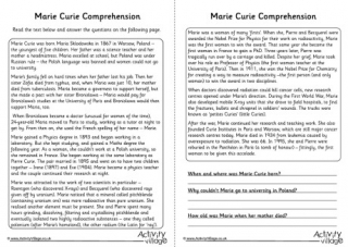 Marie Curie Comprehension