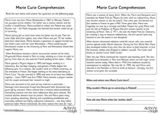 Marie Curie Comprehension