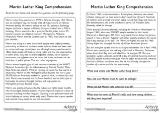 Martin Luther King Comprehension