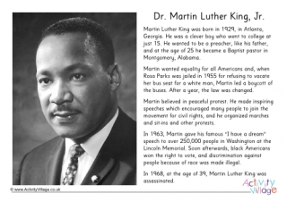 Martin Luther King Short Bio Printable