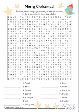 Merry Christmas Languages Word Search - Clues Only
