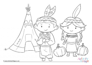 Native American Children Thanksgiving Colouring Page