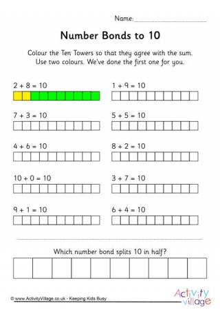 Number Bonds to 10 Ten Towers Worksheet