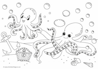 Octopus Scene Colouring Page