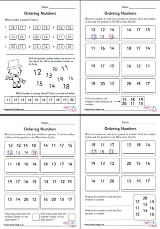 Ordering Numbers 11 to 20 Worksheets Set 1