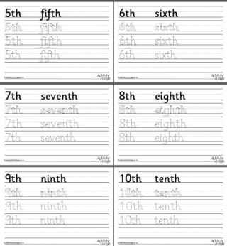 Ordinal Number Word Handwriting Worksheets 1 to 10